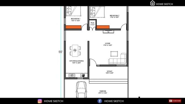 30x55 East Facing House Plan | 1600 Sqft Area | 2 BHK | Home Sketch смотреть онлайн