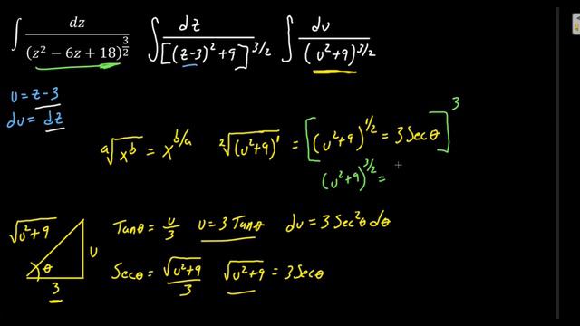 100 integrales por sustitución trigonométrica, ejemplo 90 integral (dz)/((z^2-6z+18)^{3/2)} смотреть онлайн
