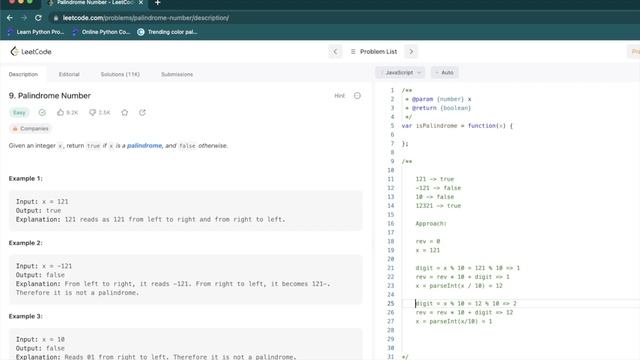 Leet Code 9 | Palindrome Number - Easy | Javascript смотреть онлайн