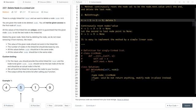 leetcode 237. Delete Node in a Linked List - reset nodes value and repointing смотреть онлайн