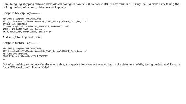 Databases: Tail log backup query in log shipping reversal смотреть онлайн