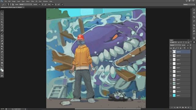 Drawing Graffiti on the Wall in Photoshop | Speed Painting смотреть онлайн