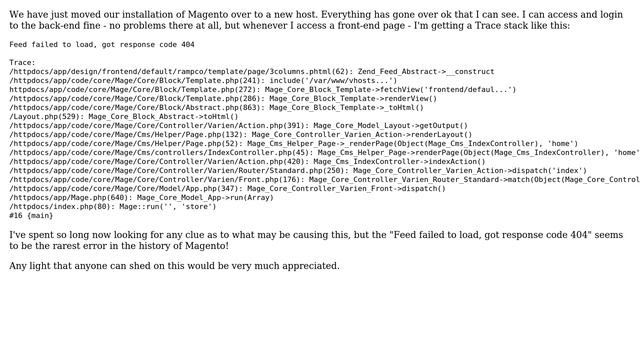 Magento: Magento Stack Trace - Feed failed to load, got response code 404 смотреть онлайн