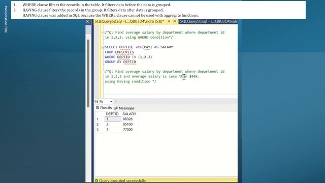 SQL - Find average Salary by department using WHERE and HAVING condition (Interview Question) смотреть онлайн