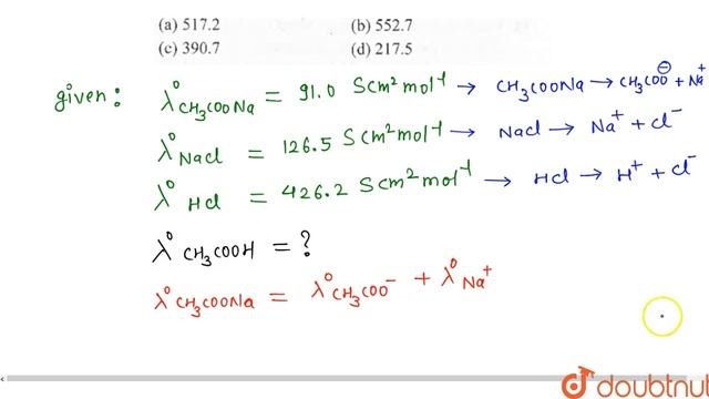 The molar conductance of acetic acid at infinite dilution if `Lambda^@` for `CH_3 COONa,NACI` and ` смотреть онлайн
