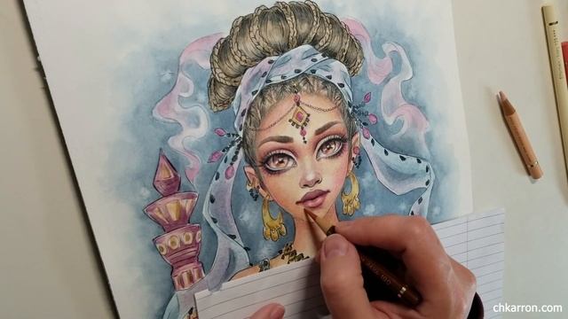 Genie - watercolor & colored pencils EXTENDED VERSION coloring illustration by Christine Karron смотреть онлайн