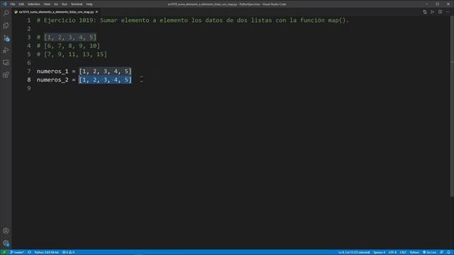 Python Ejercicio: 1019 Sumar Elemento a Elemento los Datos de Dos Listas con la Función map() смотреть онлайн