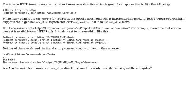 Can I use Apache variables with mod_alias's `Redirect`, instead of using mod_rewrite? смотреть онлайн
