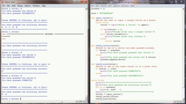 Let's Program Hangman - 2 Part 2 - Checking Letters and Words (Python 3.2.5) смотреть онлайн