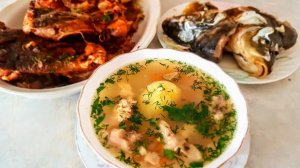 Уха и жареная рыба цыганка готовит. Gipsy cuisine.