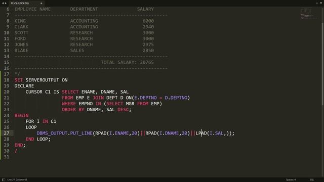 PLSQL Block to generate list of all managers with their department & salary (Using Cursors Demo-4) смотреть онлайн