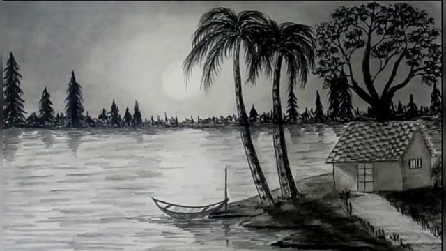Pencil drawing scenery landscape pictures, Black and white landscape scenery. смотреть онлайн