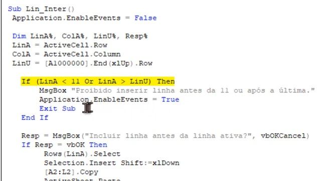 [VBA] Inserir LINHA Intermediária Na Tabela Excel Com Método Insert Do Objeto Range
