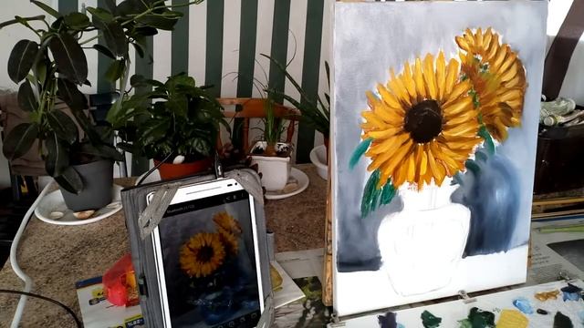 Картина маслом подсолнухи в вазе /Oil painting sunflower in a vase. смотреть онлайн