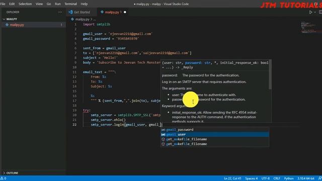 Sending Mail in Python using [smtplib] | Python | Jeevan Tech Monsters смотреть онлайн