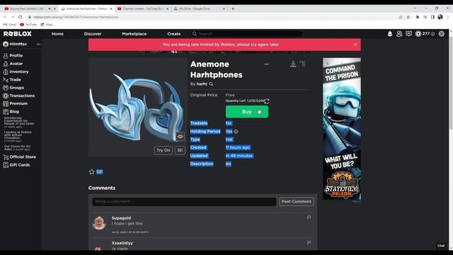 Failed Snipe at Anemone Harhtphones (Roblox FREE UGC Limited)! L rate limit смотреть онлайн