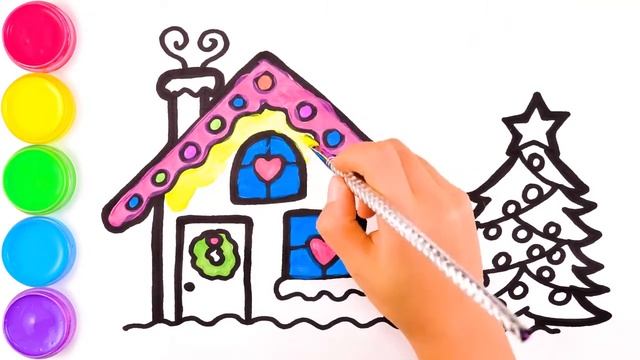 Рисуем Рождественский домик с елкой для детей смотреть онлайн