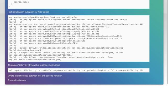 Scalatest and Spark giving "java.io.NotSerializableException: org.scalatest.Assertions$Assertion... смотреть онлайн