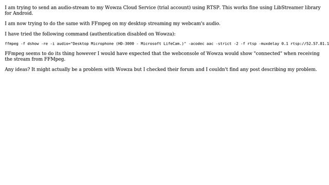 FFmpeg RTSP send audio stream to Wowza смотреть онлайн