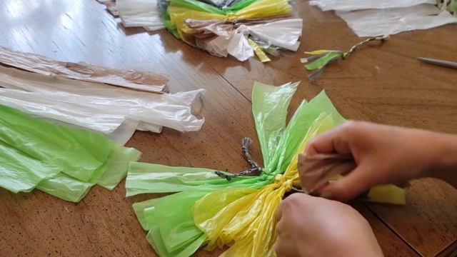 How To Make A Butterfly & Leaf & Feather Decoration Out Of Scraps Of Plastic Grocery Bags