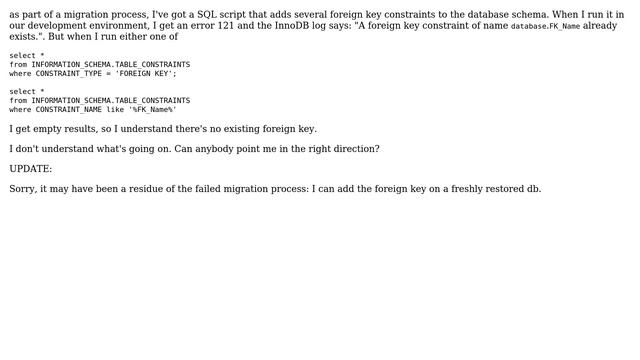 MariaDB: Error 121 trying to add a foreign key but no foreign key is present смотреть онлайн
