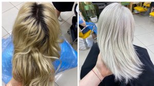 Осветление волос - платиновый блонд из желтых волос и чёрных отросших корней . Обесцвечивание волос