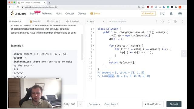 Leetcode 518. Coin Change 2 [Java] | Dynamic programming question смотреть онлайн
