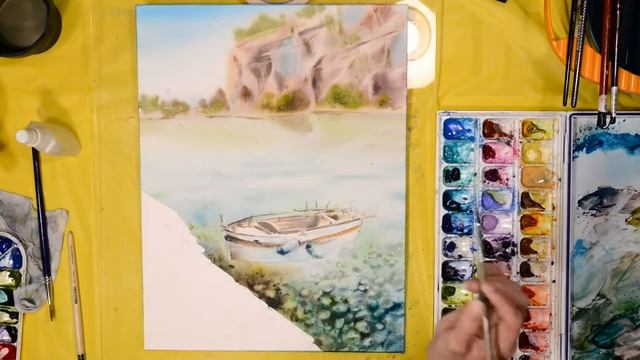 Watercolor painting. A boat in the sea. Маленький причал акварелью. смотреть онлайн