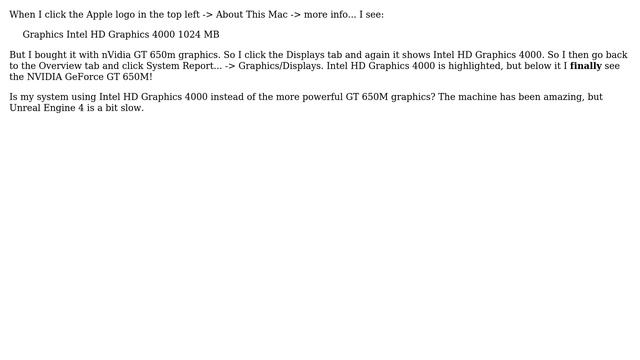 Apple: Why does my MBP Retina Mid 2012 show Intel HD 4000 when it came with an Nvidia GT 650M? смотреть онлайн