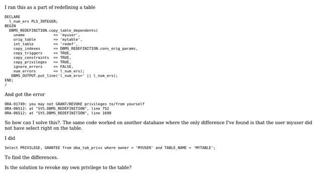Databases: Oracle dbms_redefinition fails with ora-01749, why? смотреть онлайн