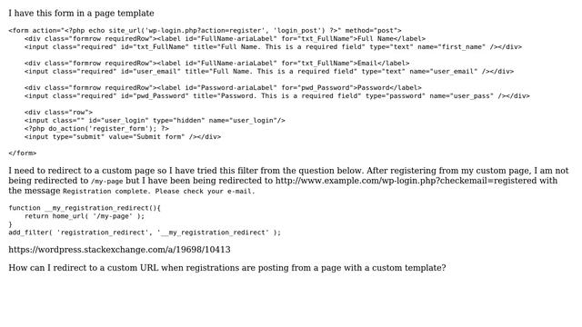 Wordpress: Redirect to custom URL after registering from a page with registration form смотреть онлайн