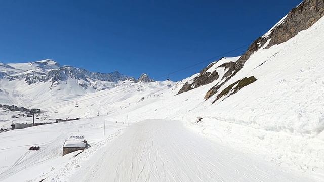 GoPro POV Skiing Blue RHODODENDRON & PETIT COL Under Road To Paquis Lift Tignes Apr 2023