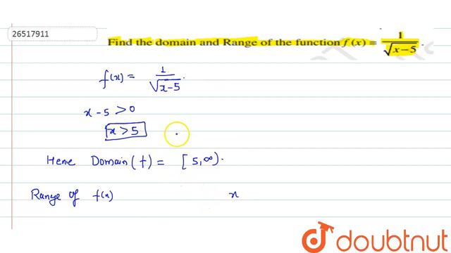 Find the domain and range of the function `f(x)=(1)/sqrt(x-5)` смотреть онлайн