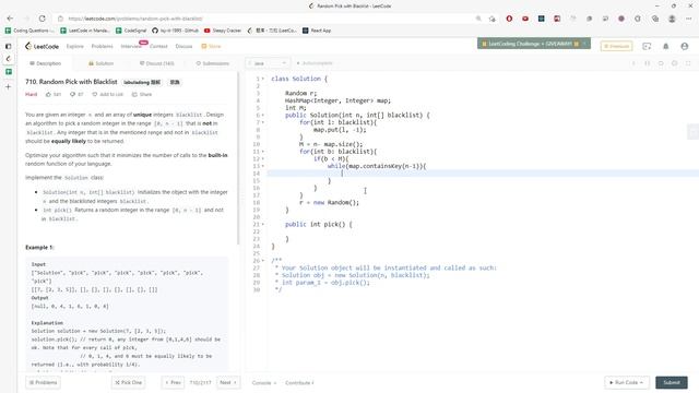 LeetCode 710 | Random Pick with Blacklist | HashMap | Random | Java смотреть онлайн