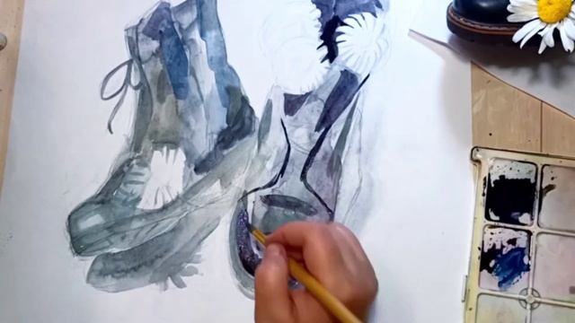 Уроки рисования. Акварель. Чёрные ботинки. смотреть онлайн