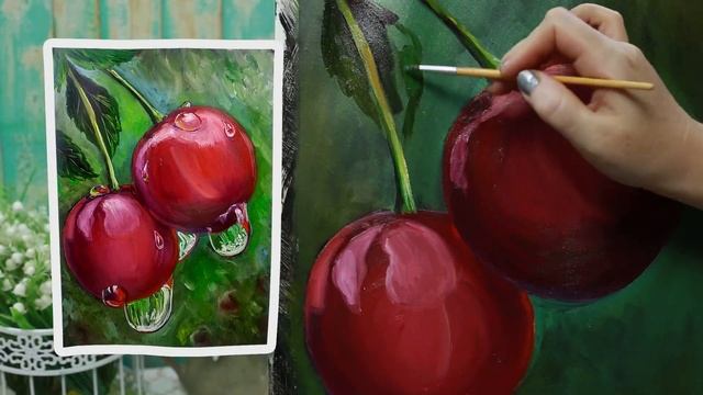 Как нарисовать капли росы на вишне. Рисуем вместе. Живопись в третьем возрасте. смотреть онлайн