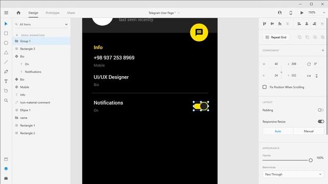 Telegram user page Drag Animation Adobe XD смотреть онлайн