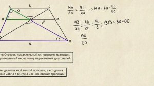 Теорема об отрезке, параллельном основаниям трапеции, проходящим через точку пересечения диагоналей