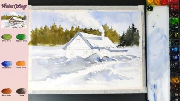 Basic Landscape Watercolor - Winter Cottage (sketch & color name, watercolor material) NAMIL ART