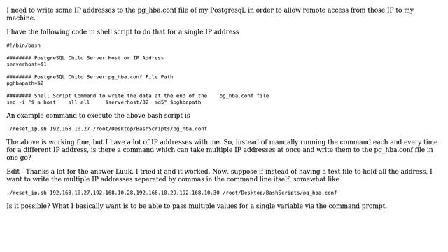 How to insert multiple IP addresses in a pg_hba.conf file via unix shell script? смотреть онлайн