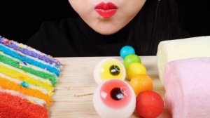 ASMR RAINBOW FOOD CANDY PARTY EXTREME SOUR CANDY, RAINBOW CAKE, COTTON CANDY, EYEBALL GUMMY JELLO 먹