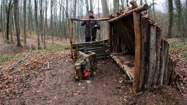 Building A Bushcraft Shelter For SURVIVAL CAMPING In Rain. Big Swedish Stove - Lamb Cooking - Asmr