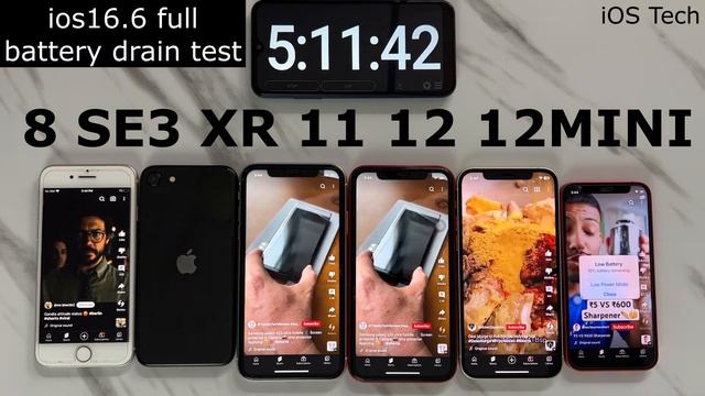 IOS 16.6 Full Battery Drain Test - IPhone 8 Vs SE3 Vs XR Vs 11 Vs 12 Vs 12mini [100-0% ]