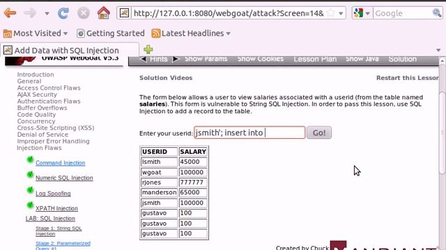 WebGoat v5.3 - Injection Flaws - Add Data with SQL Injection смотреть онлайн