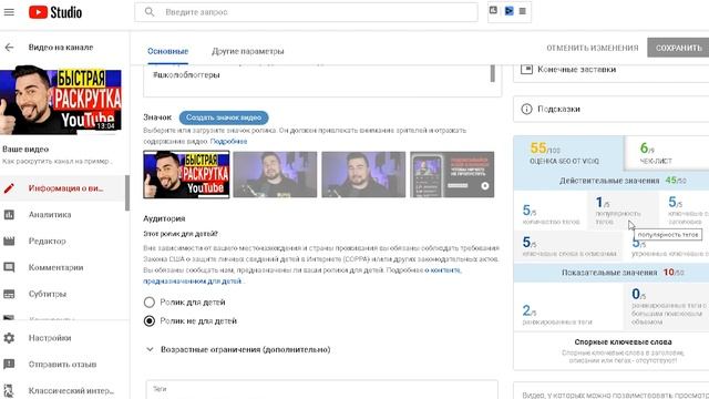 КАК оптимизировать ВИДЕО для YOUTUBE? Как прописать ТЕГИ и попасть в рекомендованные смотреть онлайн