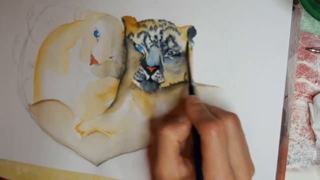 Влюблённые барсы. Картина акварелью. Рисование поэтапно. How to draw snow leopards. смотреть онлайн