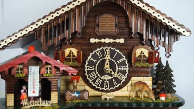 Quartz Cuckoo Clock Swiss house with weather house and music смотреть онлайн