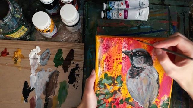 ? Рисование акрилом | Птенец на ветке смотреть онлайн