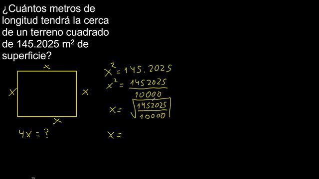 Cuántos metros de longitud tendrá la cerca de un terreno cuadrado de 145.2025 m2 de superficie смотреть онлайн