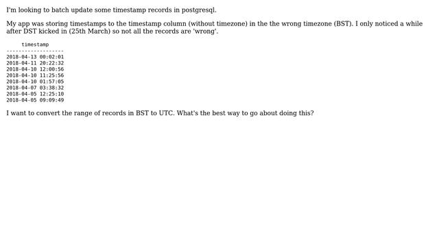 Databases: Batch update timestamp records to correct timezone смотреть онлайн